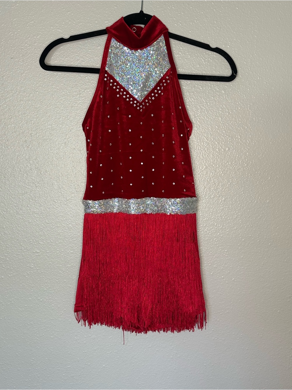 Women’s Red Velvet Fringe Performance Dress with Silver Accents